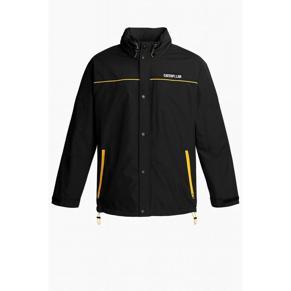 CAT Men’s Black Hooded Jacket XL Full Zip Snap Front Yellow Trim Work Coat Lined